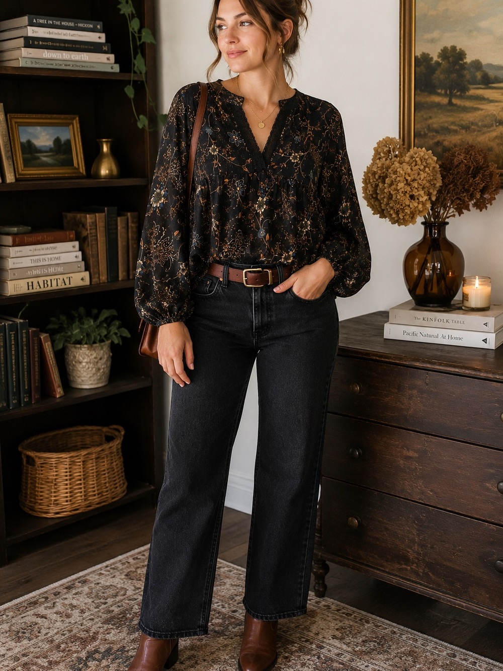 Zac &‎ Rachel Black Floral Peplum Blouse | Lantern Sleeves | Women’s Small
